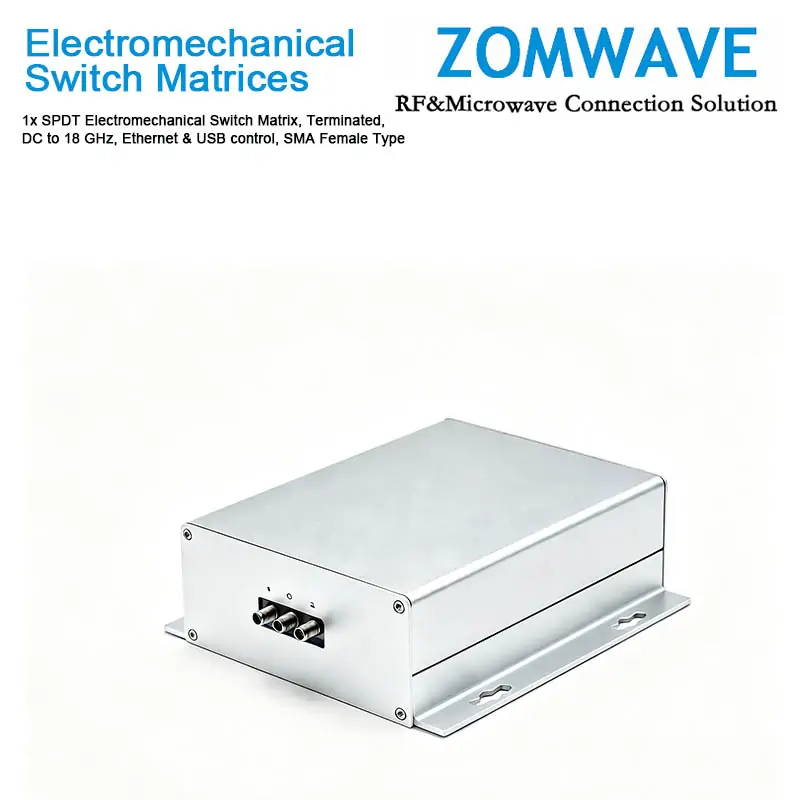1x SPDT Electromechanical Switch Matrix, Terminated, DC to 18 GHz, Ethernet & USB control, SMA Female Type 1x SPDT Electromechanical Switch Matrix, Terminated, DC to 18 GHz, Ethernet & USB control, SMA Female Type