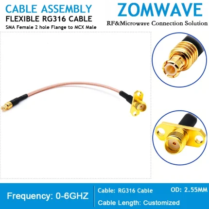 6-SMA Female 2 hole Flange to MCX Male, RG316 Cable, 6GHz