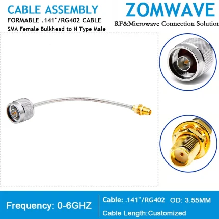 SMA Female Bulkhead to N Male, Formable .141''_RG402 Cable Without Jacket, 6GHZ
