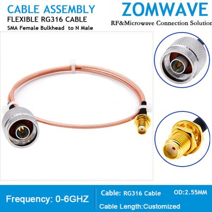 SMA Female Bulkhead to N Type Male, RG316 Cable, 6GHz