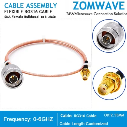 SMA Female Bulkhead to N Type Male, RG316 Cable, 6GHz