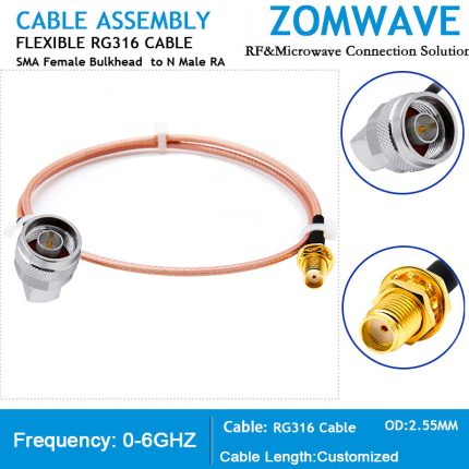 SMA Female Bulkhead to N Type Male Right Angle, RG316 Cable, 6GHz