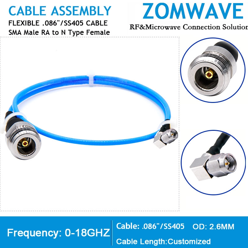 SMA Male Right Angle to N Type Female, Flexible .086''_SS405 Cable, 18GHz SMA Male Right Angle to N Type Female, Flexible .086''_SS405 Cable, 18GHz