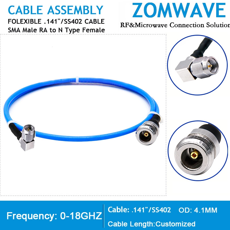 SMA Male Right Angle to N Type Female, Flexible .141''_SS402 Cable, 18GHz SMA Male Right Angle to N Type Female, Flexible .141''_SS402 Cable, 18GHz