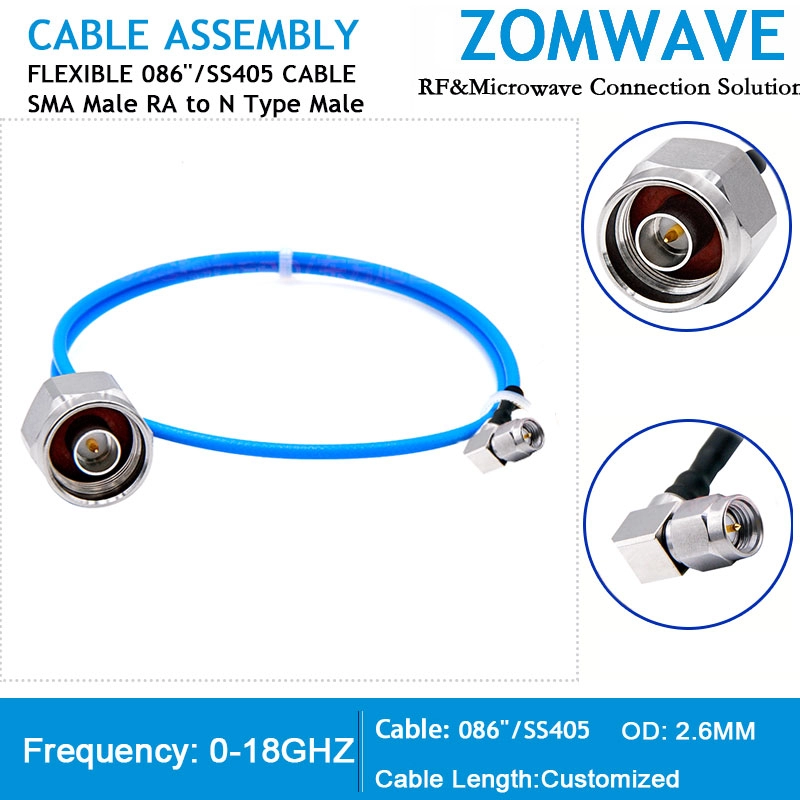 SMA Male Right Angle to N Type Male, Flexible .086''_SS405 Cable, 18GHz SMA Male Right Angle to N Type Male, Flexible .086''_SS405 Cable, 18GHz