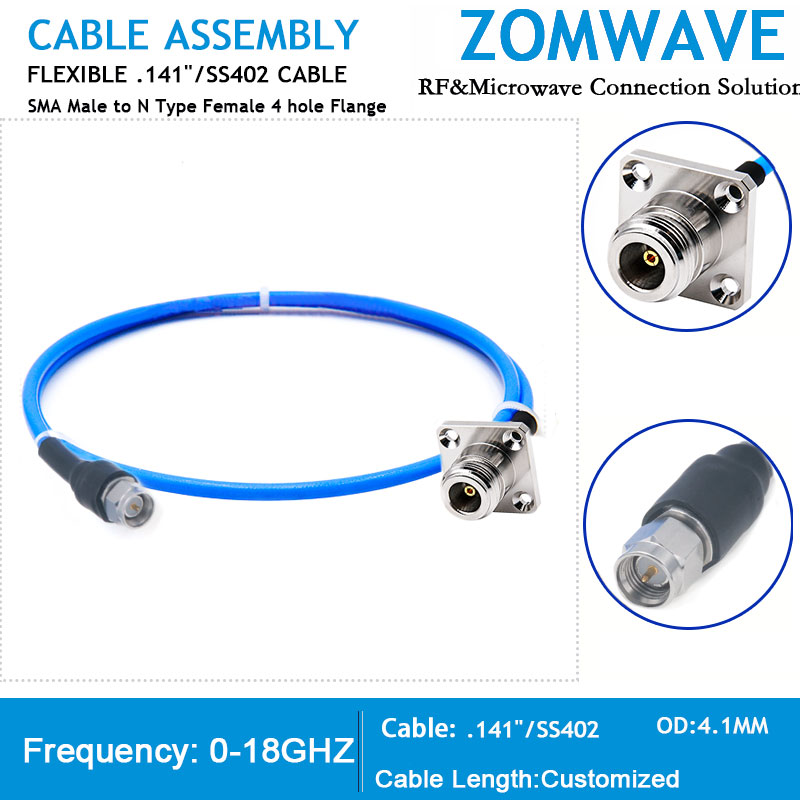 SMA Male to N Type Female 4 hole Flange, Flexible .141''_SS402 Cable, 18GHz SMA Male to N Type Female 4 hole Flange, Flexible .141''_SS402 Cable, 18GHz