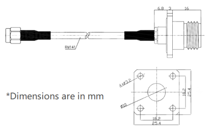 SMA Male to N Type Female 4 hole Flange, Flexible .141''_SS402 Cable, 18GHz