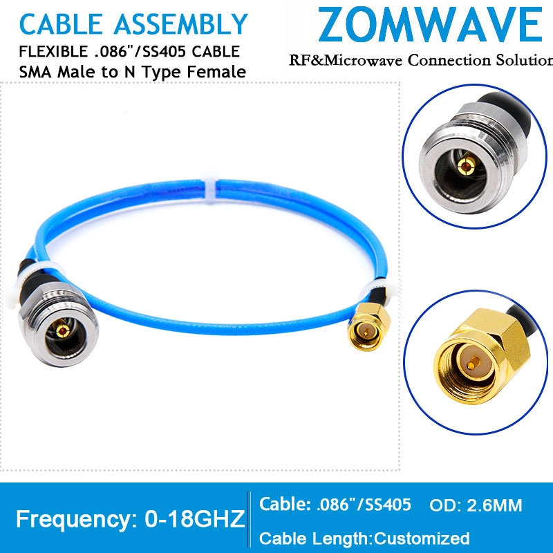 SMA Male to N Type Female, Flexible .086''_SS405 Cable, 18GHz SMA Male to N Type Female, Flexible .086''_SS405 Cable, 18GHz