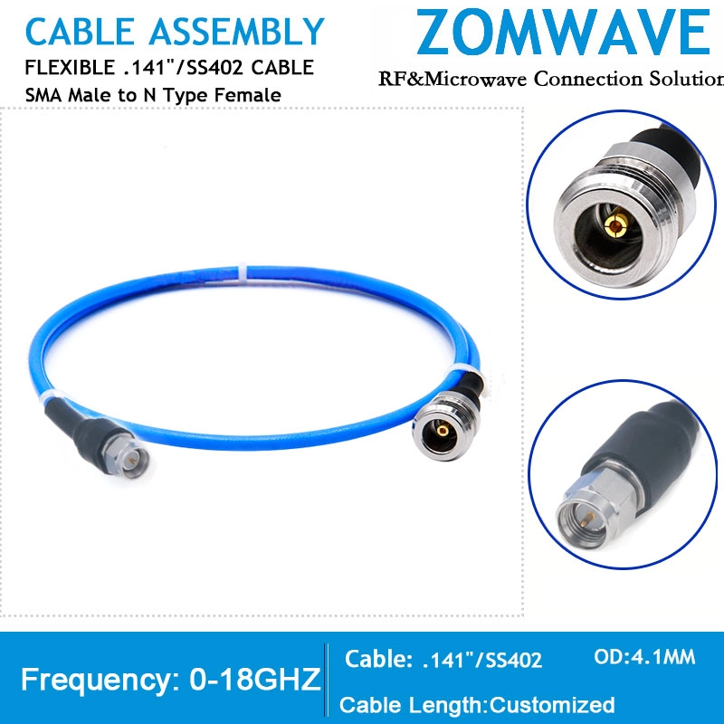 SMA Male to N Type Female, Flexible .141''_SS402 Cable, 18GHz SMA Male to N Type Female, Flexible .141''_SS402 Cable, 18GHz