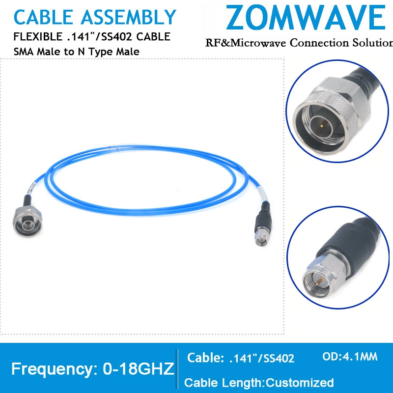 SMA Male to N Type Male, Flexible .141''_SS402 Cable, 18GHz SMA Male to N Type Male, Flexible .141''_SS402 Cable, 18GHz