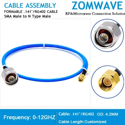SMA Male to N Type Male, Formable .141''_RG402 Cable, 12GHz